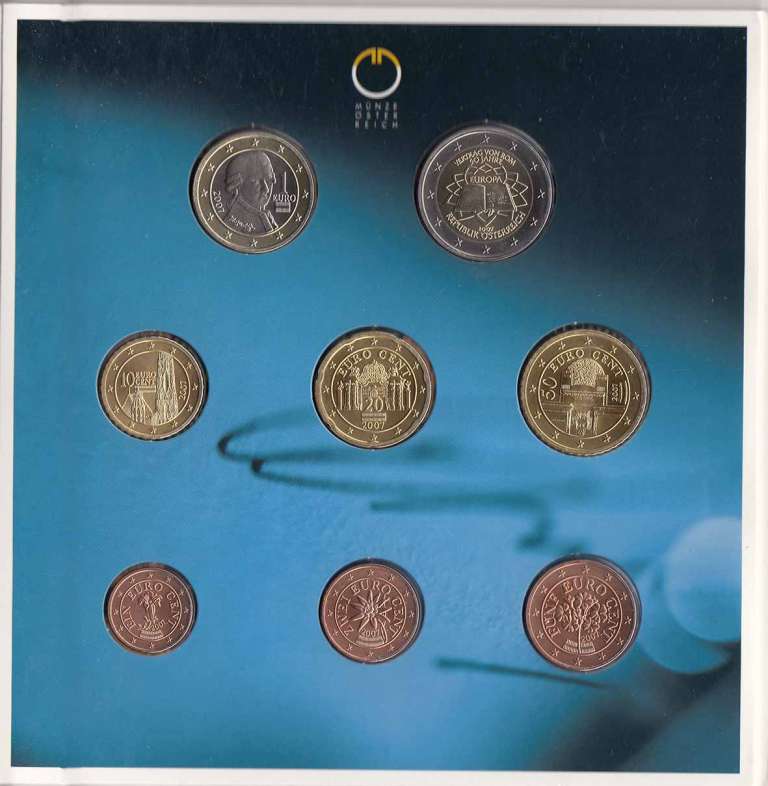 (2007, 8 монет) Набор монет Австрия 2007 год &quot;Римский договор. 50 лет&quot;   Буклет